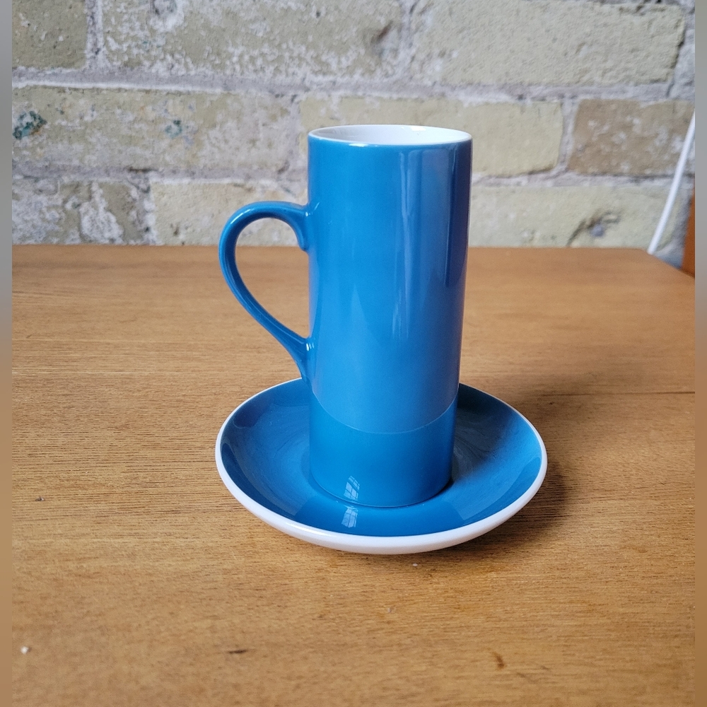Vintage Lagardo Tackett Schmid Blue Porcelain Espresso Cup with Saucer
